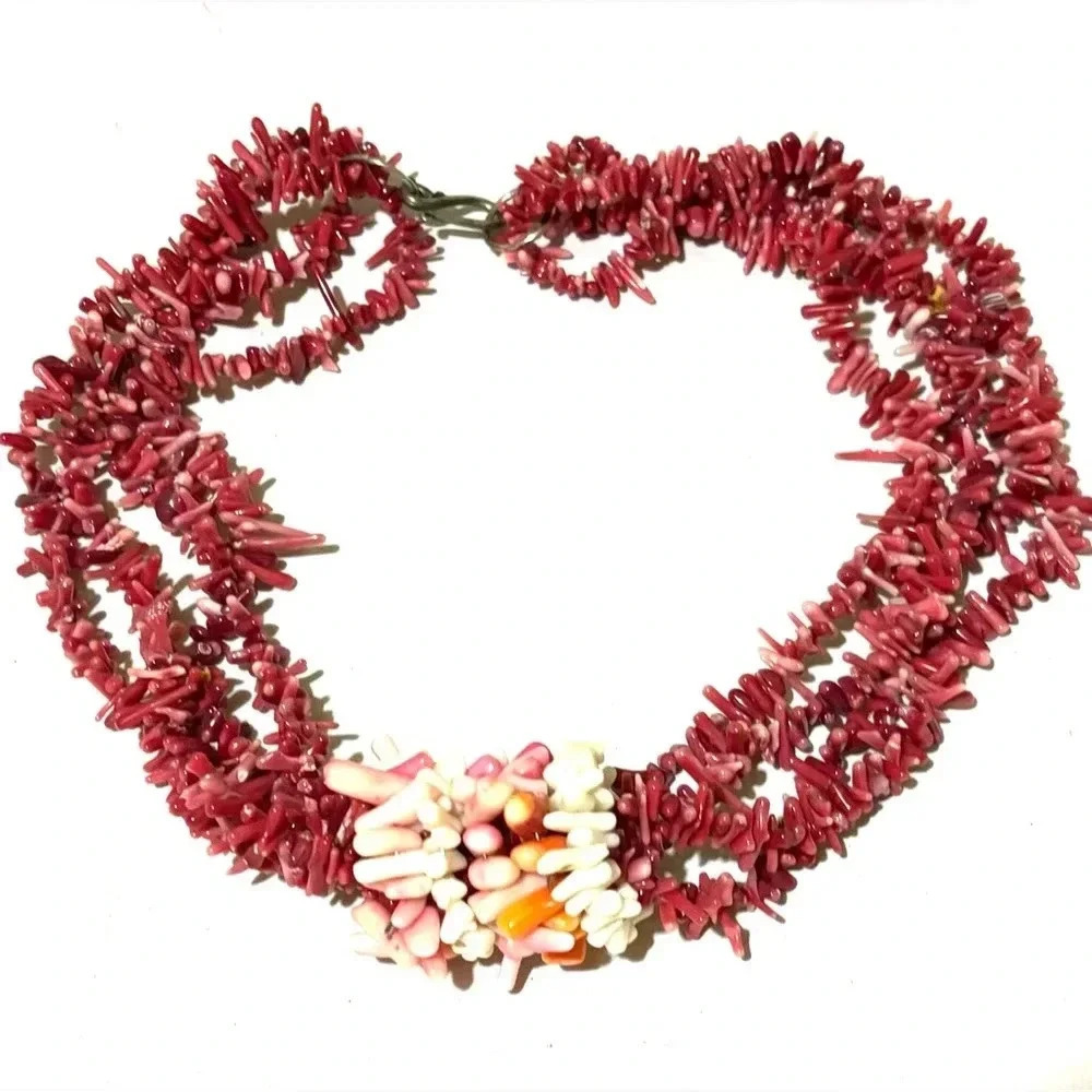 Handcrafted  coral multilyer 4 strand m chunky necklace hight 8” width 9.5”